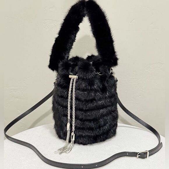 Black Multi Use Handmade Genuine Mink Fur & Drawstring Bucket Bag with 3 Straps - Picture 1 of 16